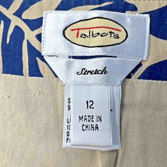 Talbots Skirt Womens 12 Tan Navy Floral Sequins Tropical Aloha Stretch Cotton - Picture 3 of 12
